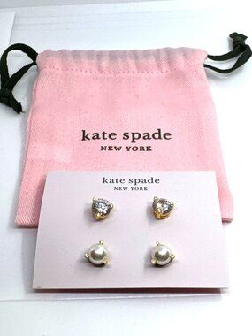 Kate Spade Rise & Shine 2 Pair Stud Earrings Set Pearl Crystal Minimalist NWT